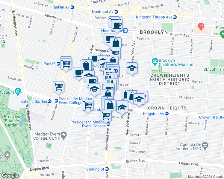 map of restaurants, bars, coffee shops, grocery stores, and more near 745 Nostrand Avenue in Brooklyn