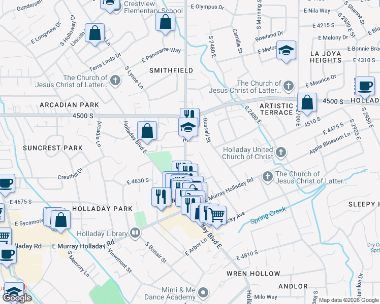 map of restaurants, bars, coffee shops, grocery stores, and more near 2331 East John Holladay Court in Holladay