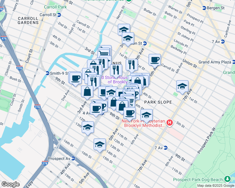 map of restaurants, bars, coffee shops, grocery stores, and more near 278 6th Street in Brooklyn