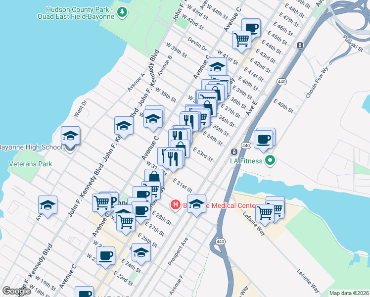 map of restaurants, bars, coffee shops, grocery stores, and more near 15 West 33rd Street in Bayonne