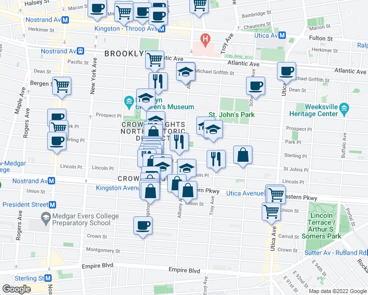 map of restaurants, bars, coffee shops, grocery stores, and more near Sterling Pl & Albany Ave in Brooklyn