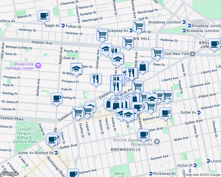 map of restaurants, bars, coffee shops, grocery stores, and more near 1621 Eastern Parkway in Brooklyn