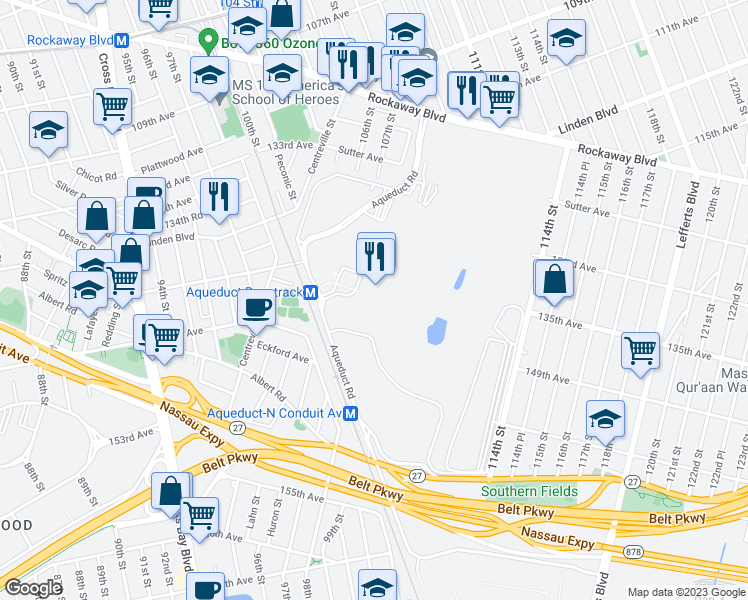 map of restaurants, bars, coffee shops, grocery stores, and more near 110-00 Rockaway Boulevard in Queens