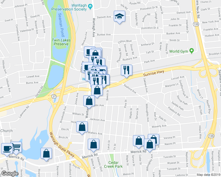 map of restaurants, bars, coffee shops, grocery stores, and more near 3300-3304 Sunrise Highway in Wantagh