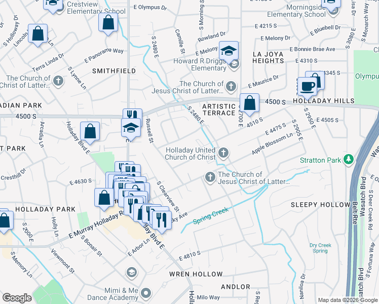 map of restaurants, bars, coffee shops, grocery stores, and more near 2571 4510 South in Holladay