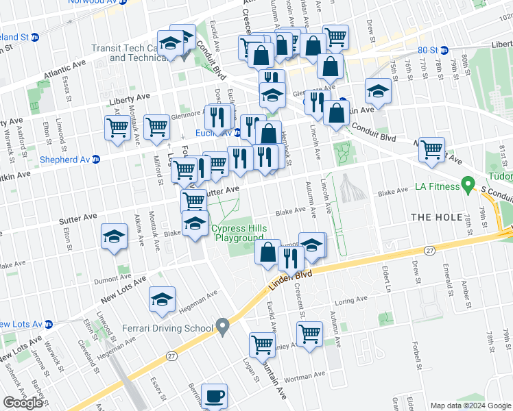 map of restaurants, bars, coffee shops, grocery stores, and more near 615 Euclid Avenue in Brooklyn