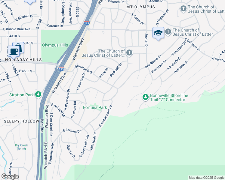 map of restaurants, bars, coffee shops, grocery stores, and more near 4565 South Fortuna Way in Salt Lake City