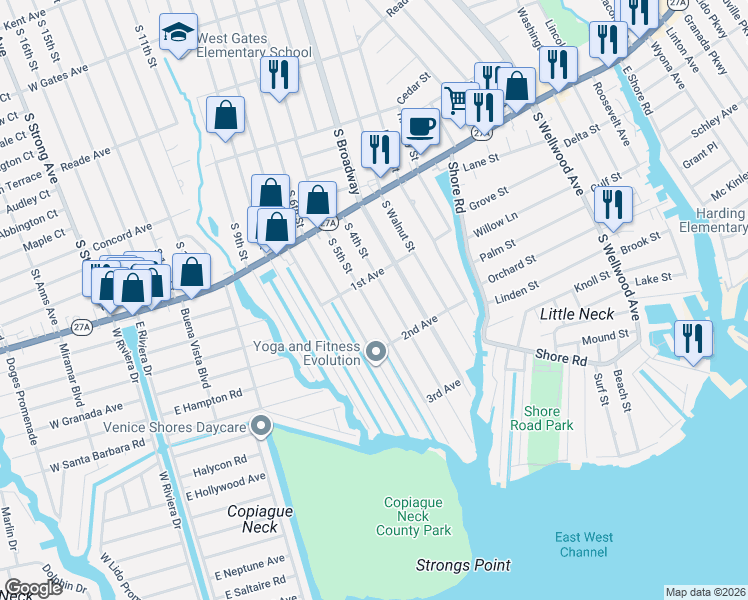 map of restaurants, bars, coffee shops, grocery stores, and more near 709 South 4th Street in Lindenhurst