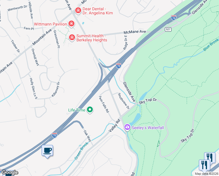 map of restaurants, bars, coffee shops, grocery stores, and more near 258 Diamond Hill Road in Berkeley Heights