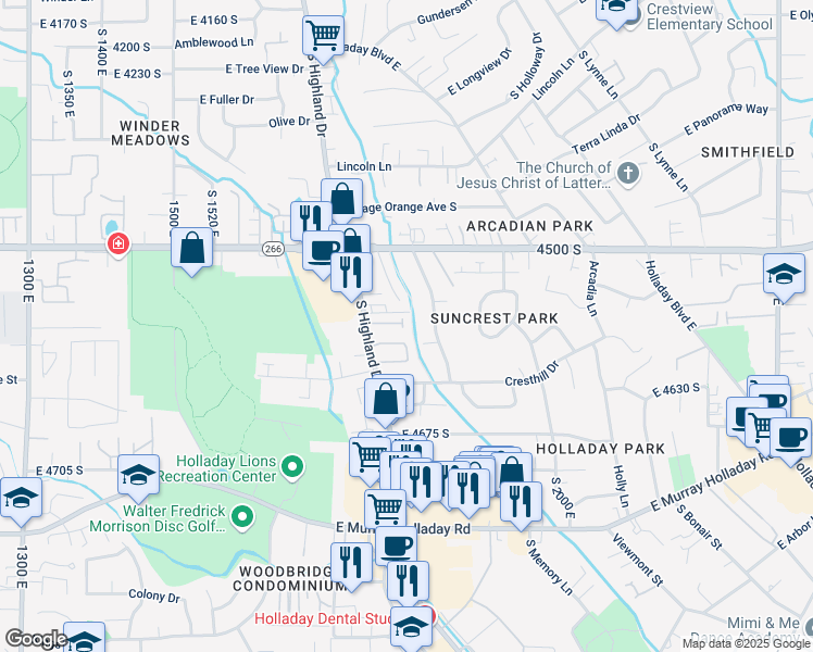 map of restaurants, bars, coffee shops, grocery stores, and more near 1832 Cottonwood Glen Court in Holladay
