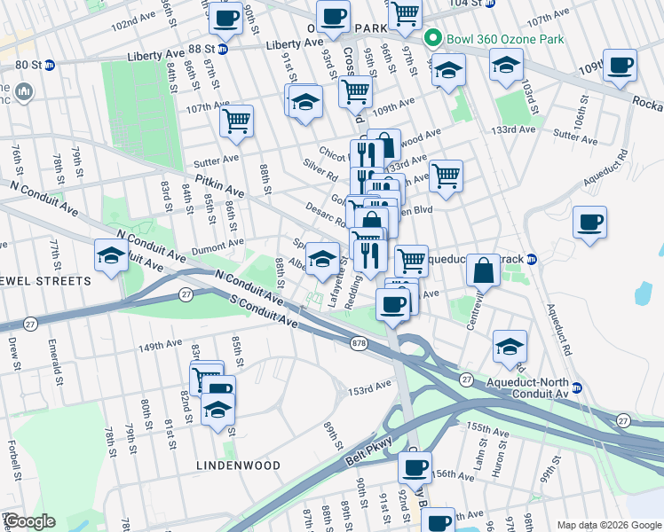 map of restaurants, bars, coffee shops, grocery stores, and more near 90-42 Pitkin Avenue in Queens