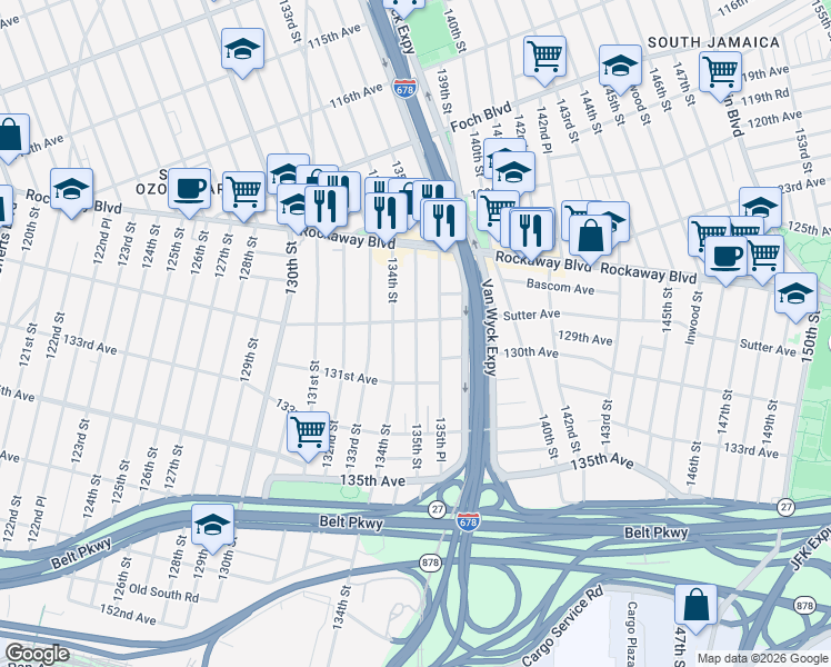 map of restaurants, bars, coffee shops, grocery stores, and more near 130-16 135th Street in Queens