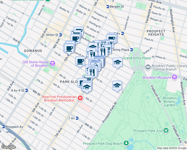 map of restaurants, bars, coffee shops, grocery stores, and more near 168 7th Avenue in Brooklyn