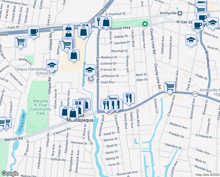 map of restaurants, bars, coffee shops, grocery stores, and more near 23 Weaver Drive in Massapequa