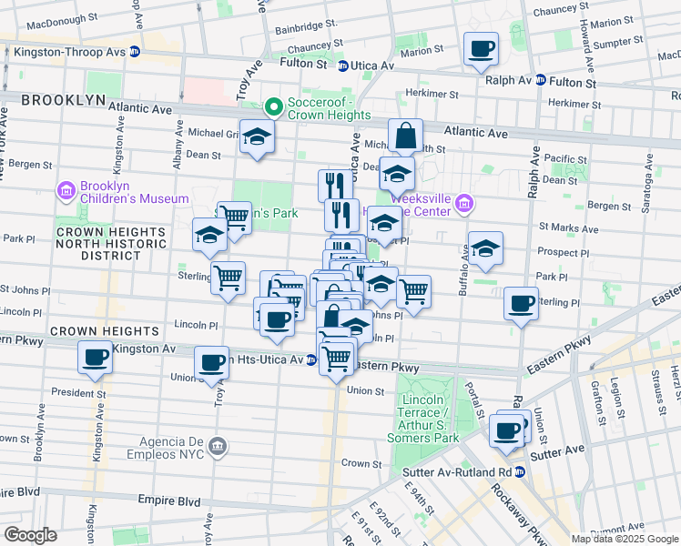 map of restaurants, bars, coffee shops, grocery stores, and more near 187 Utica Avenue in Brooklyn