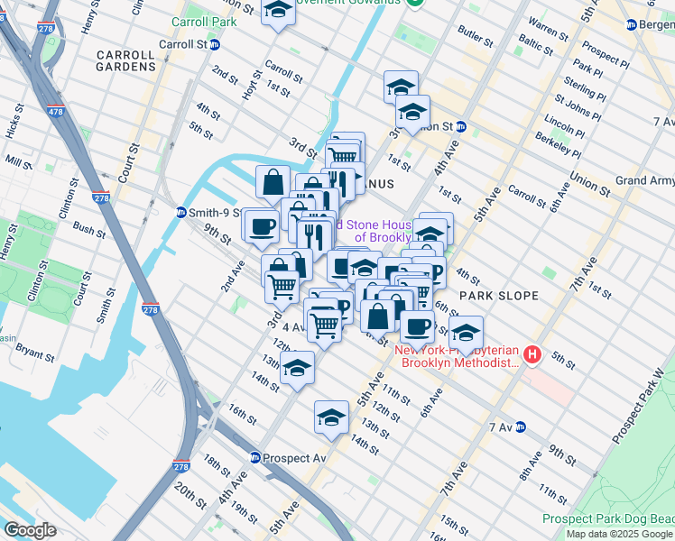 map of restaurants, bars, coffee shops, grocery stores, and more near 415 3rd Avenue in Brooklyn