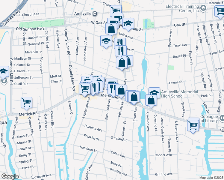 map of restaurants, bars, coffee shops, grocery stores, and more near 6 Windsor Court in Amityville