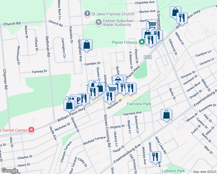 map of restaurants, bars, coffee shops, grocery stores, and more near 455 Arlington Street in Easton