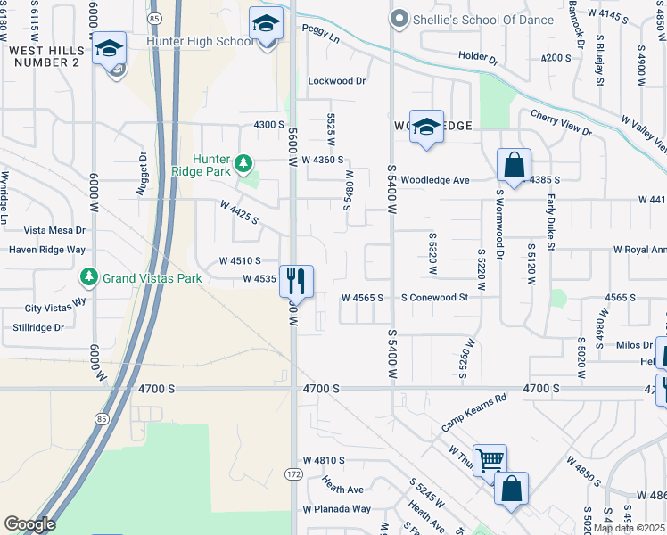 map of restaurants, bars, coffee shops, grocery stores, and more near 4521 Tarlton Circle in West Valley City