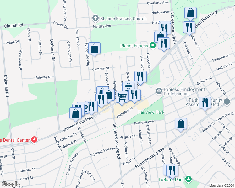 map of restaurants, bars, coffee shops, grocery stores, and more near 455 Arlington Street in Easton