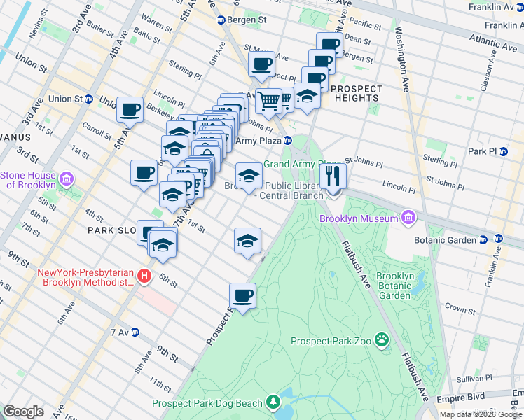 map of restaurants, bars, coffee shops, grocery stores, and more near 916 President Street in Brooklyn