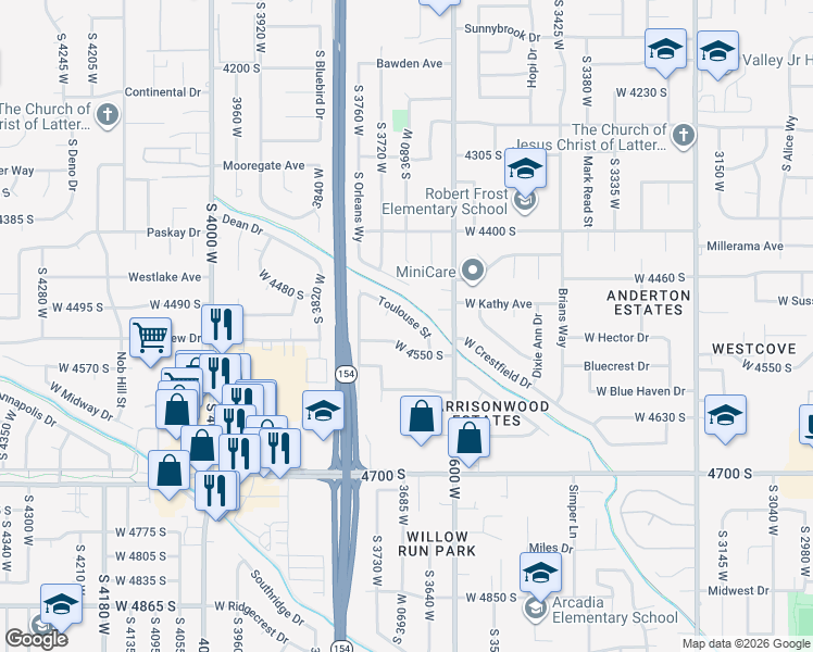map of restaurants, bars, coffee shops, grocery stores, and more near 3675 Toulouse Street in West Valley City