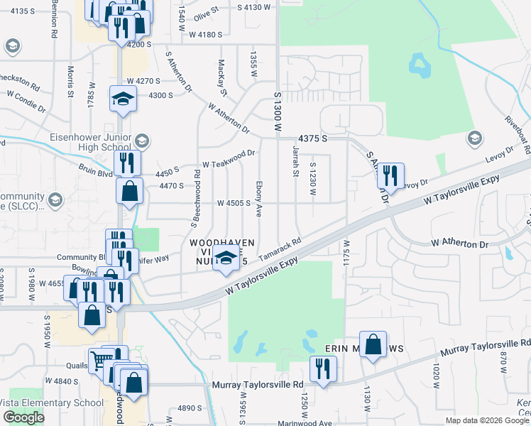 map of restaurants, bars, coffee shops, grocery stores, and more near 1332 West 4505 South in Taylorsville
