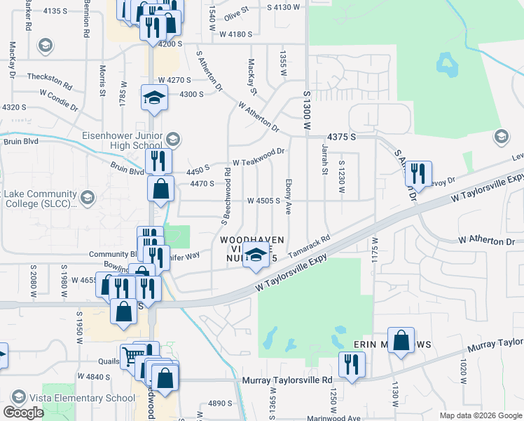 map of restaurants, bars, coffee shops, grocery stores, and more near 4494 Thornwood Avenue in Taylorsville