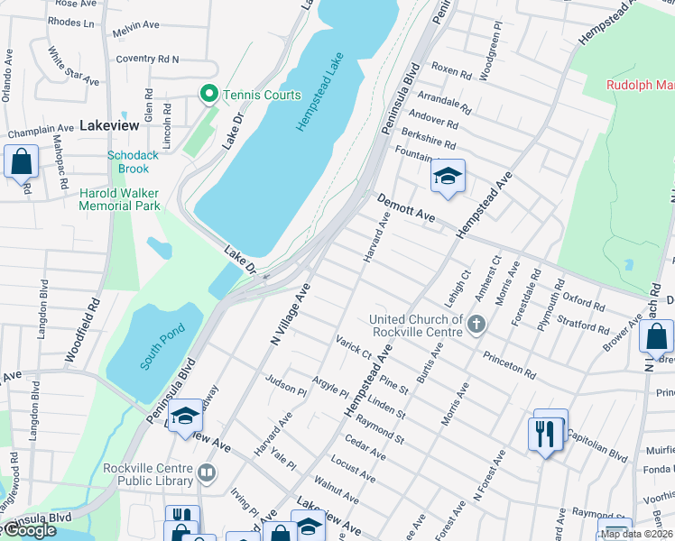 map of restaurants, bars, coffee shops, grocery stores, and more near 505 North Village Avenue in Rockville Centre