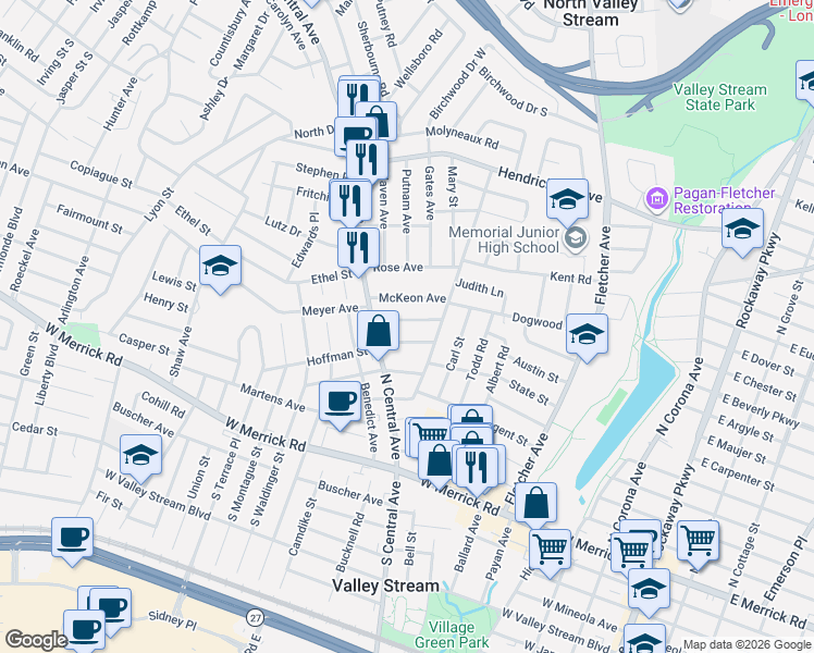 map of restaurants, bars, coffee shops, grocery stores, and more near 23 Remsen Avenue in Valley Stream