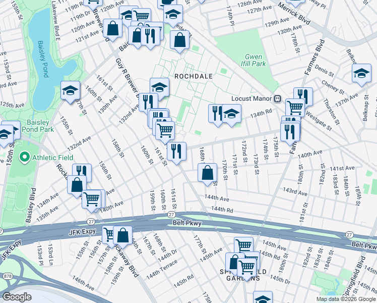 map of restaurants, bars, coffee shops, grocery stores, and more near 134-47 166th Place in Queens
