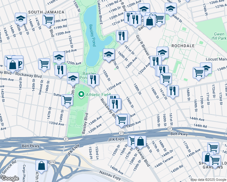 map of restaurants, bars, coffee shops, grocery stores, and more near 155-16 132nd Avenue in Queens