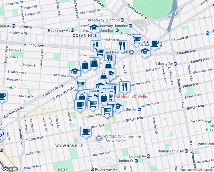 map of restaurants, bars, coffee shops, grocery stores, and more near 56 Christopher Avenue in Brooklyn