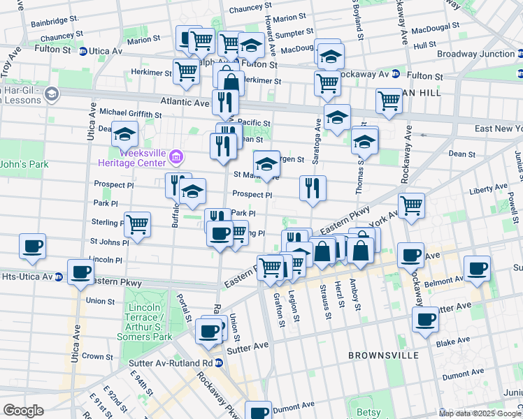 map of restaurants, bars, coffee shops, grocery stores, and more near 444 Howard Avenue in Brooklyn