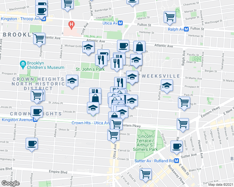 map of restaurants, bars, coffee shops, grocery stores, and more near 187 Utica Avenue in Brooklyn