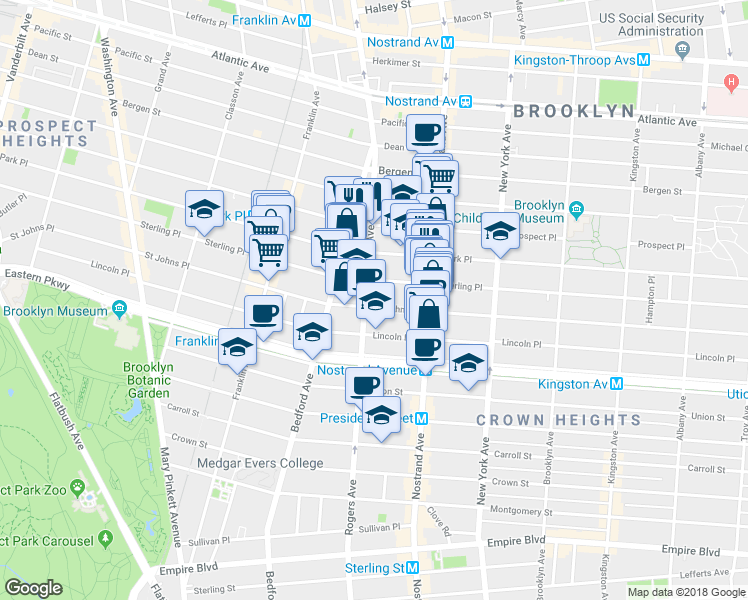 map of restaurants, bars, coffee shops, grocery stores, and more near 143 Rogers Avenue in Brooklyn