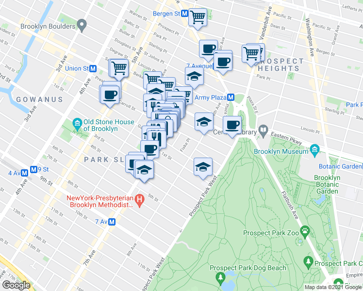 map of restaurants, bars, coffee shops, grocery stores, and more near 11 Polhemus Place in Brooklyn