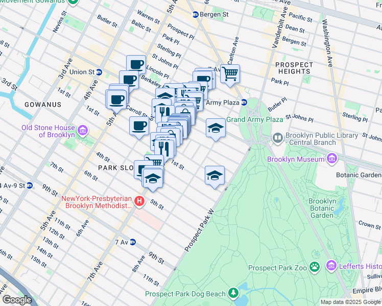 map of restaurants, bars, coffee shops, grocery stores, and more near 11 Polhemus Place in Brooklyn