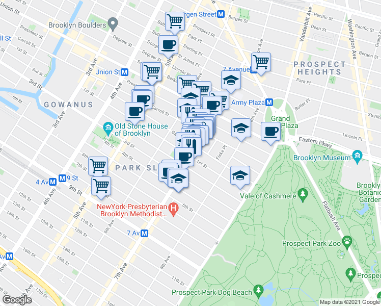 map of restaurants, bars, coffee shops, grocery stores, and more near 152 7th Avenue in Brooklyn