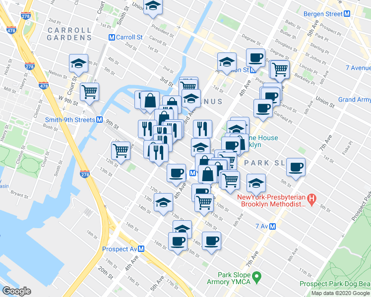 map of restaurants, bars, coffee shops, grocery stores, and more near 415 3rd Avenue in Brooklyn