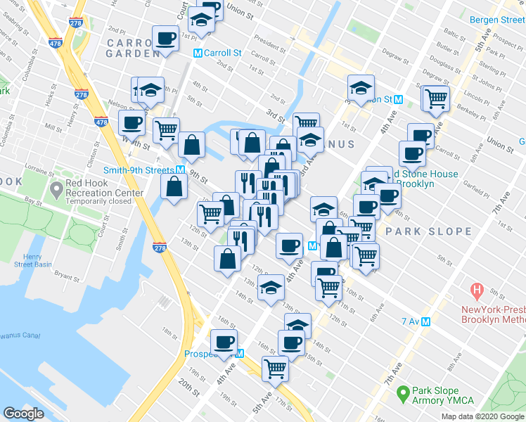 map of restaurants, bars, coffee shops, grocery stores, and more near 122 8th Street in Brooklyn