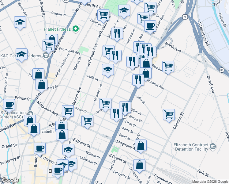 map of restaurants, bars, coffee shops, grocery stores, and more near 1044 Julia Street in Elizabeth
