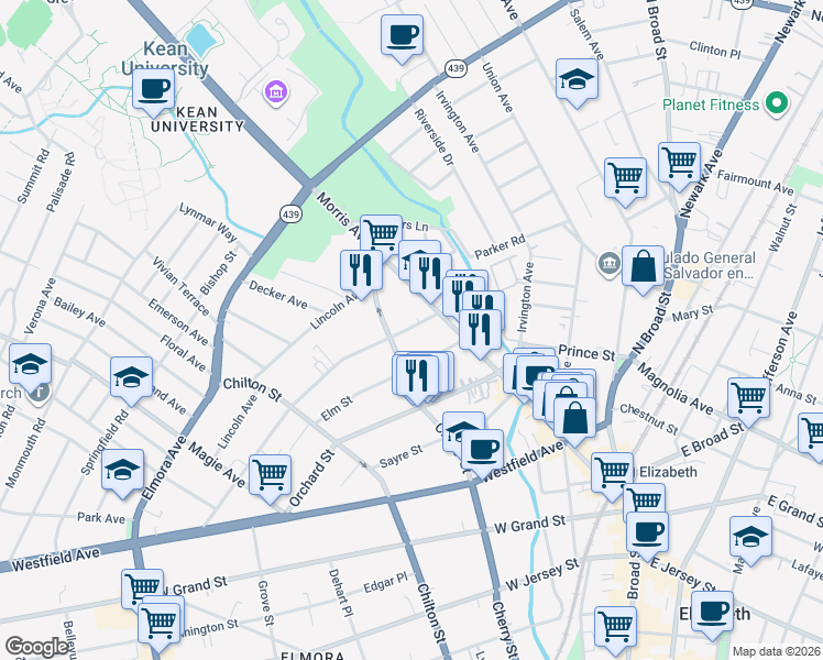 map of restaurants, bars, coffee shops, grocery stores, and more near 506 Morris Avenue in Elizabeth