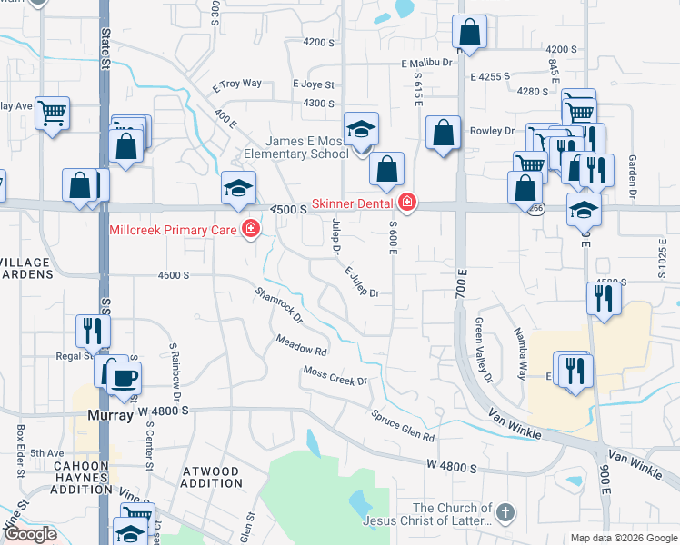 map of restaurants, bars, coffee shops, grocery stores, and more near 500 East Julep Drive in Murray
