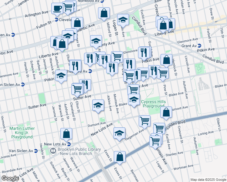 map of restaurants, bars, coffee shops, grocery stores, and more near Sutter Avenue in Brooklyn