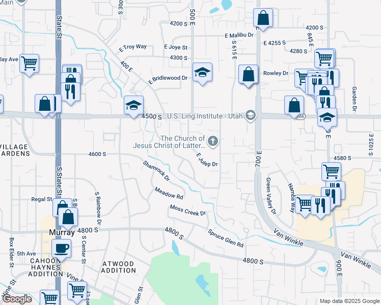 map of restaurants, bars, coffee shops, grocery stores, and more near 500 East Julep Drive in Murray
