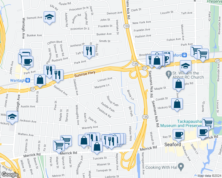 map of restaurants, bars, coffee shops, grocery stores, and more near 3643 Woodward Avenue in Seaford