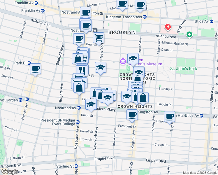 map of restaurants, bars, coffee shops, grocery stores, and more near 1001 Sterling Place in Brooklyn