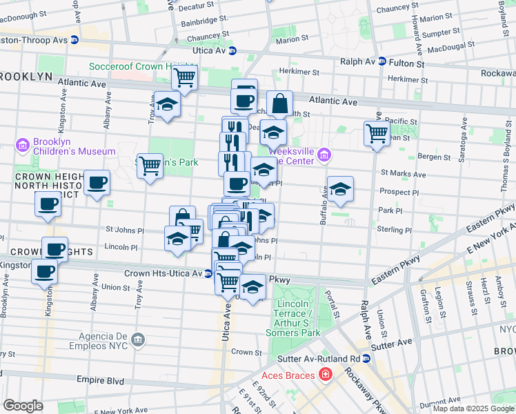 map of restaurants, bars, coffee shops, grocery stores, and more near 1444 Park Place in Brooklyn