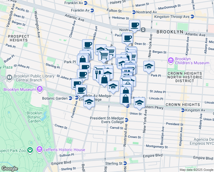 map of restaurants, bars, coffee shops, grocery stores, and more near 130 Rogers Avenue in Brooklyn